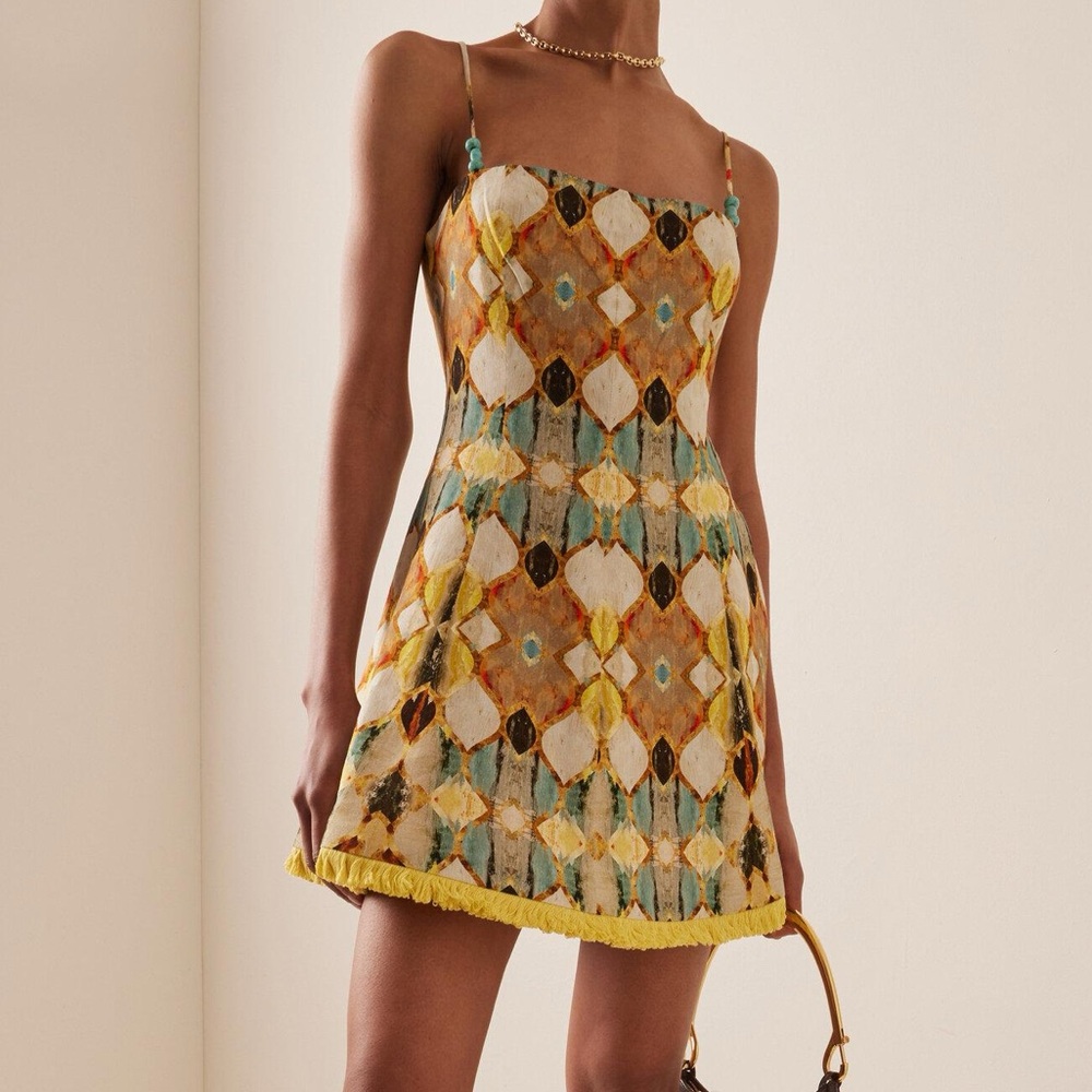 ALEXIS linen mini flare dress with fringe hem and beaded strings, square neck